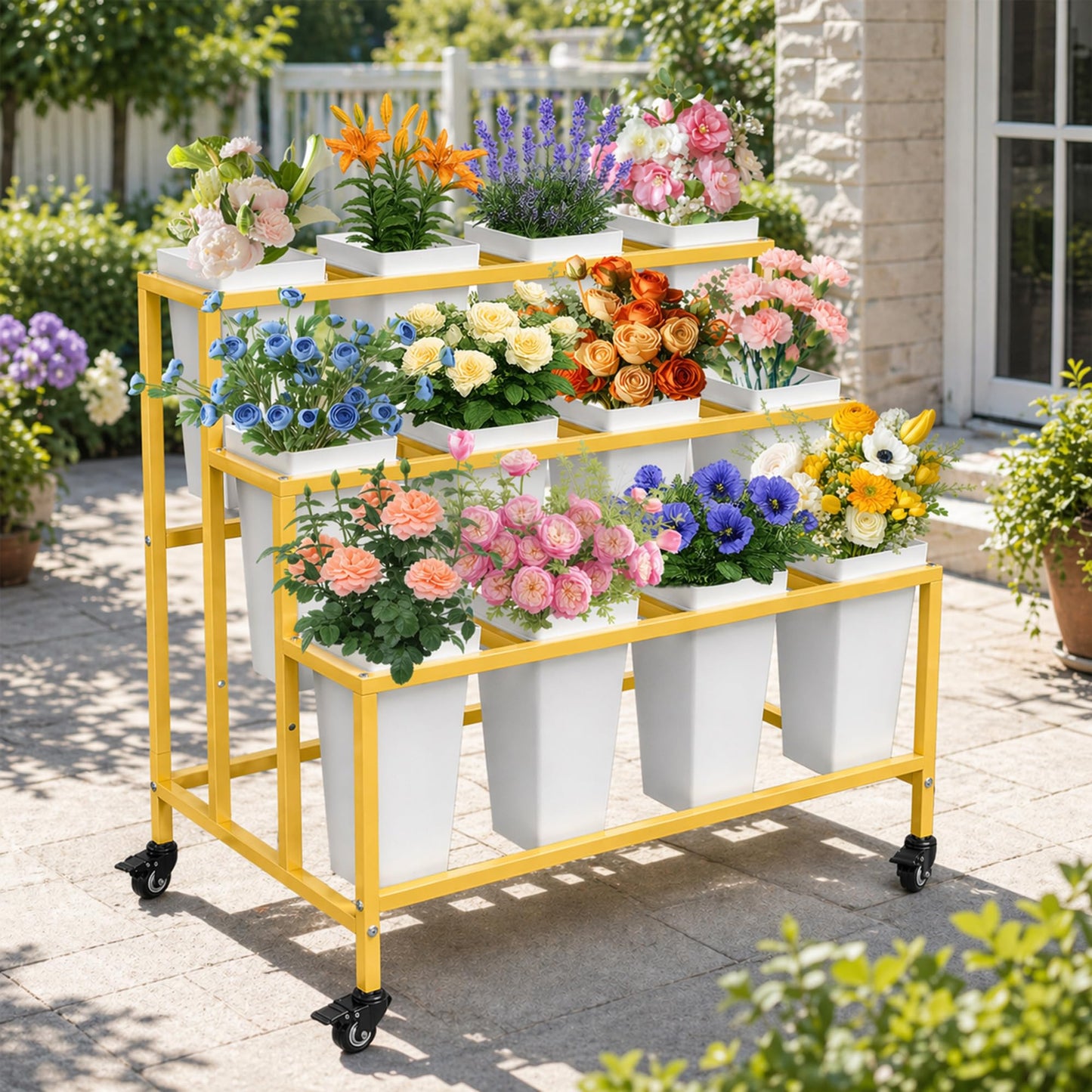 PROLEE Flower Display Stand with 12 Buckets, 3 Layers Flower Cart , Metal Flower Stand with Wheels, Moving Florist Bouquet Shelf, Gold