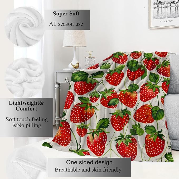 Strawberry Blanket Lush Red Strawberries Throw Blankets with Green Leaves,Birthday Gifts for Kids Adult Women,Lightweight Soft Fleece,for Sofa Couch Bed Room Farmhouse Decor 50x60in