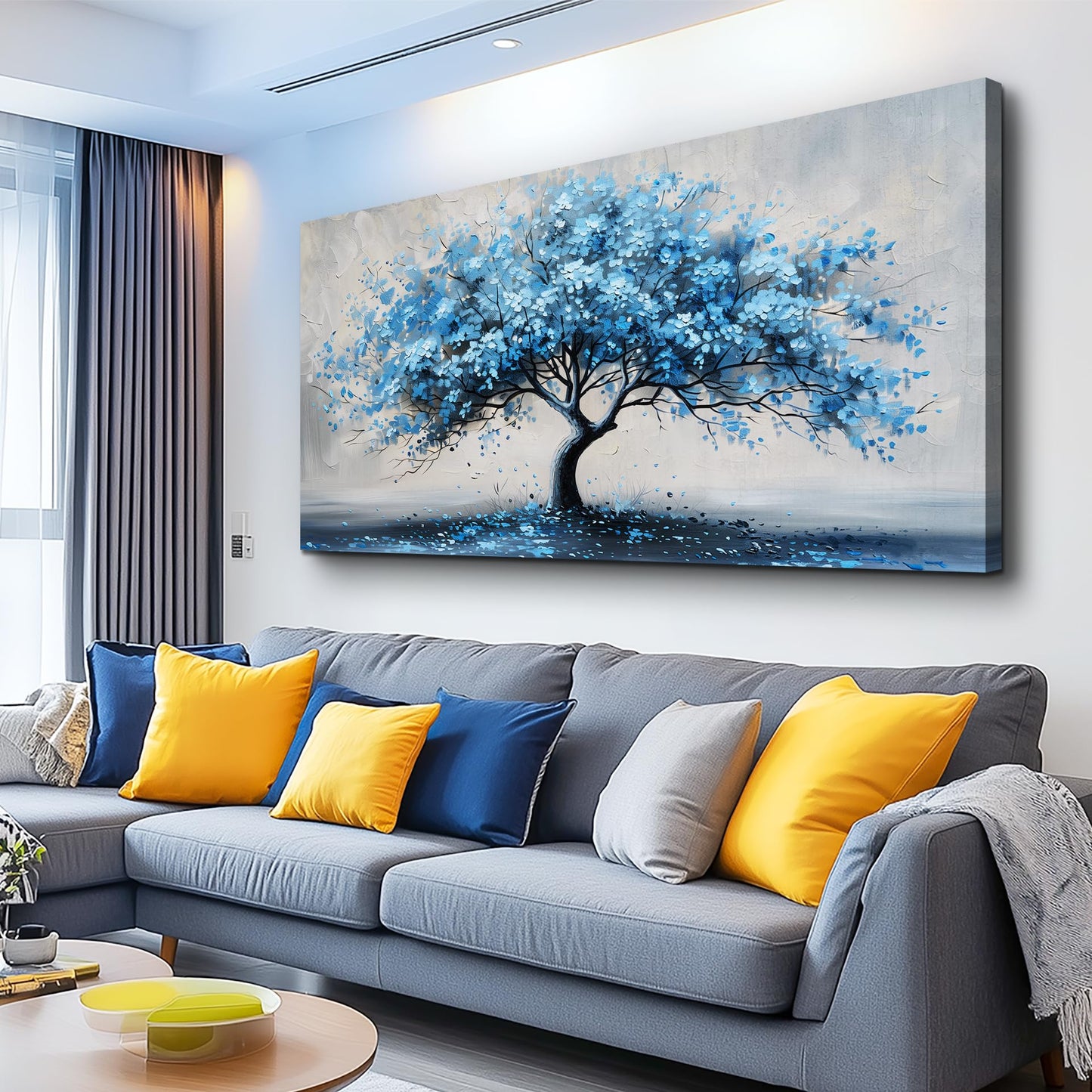 KELIYUAN Canvas Wall Art For Living Room Framed Wall Decorations For Bedroom Office Wall Decor Abstract Painting Blue Tree Pictures Artwork Ready To Hang Guesthouse Room Mural Home Decor 20x40 In