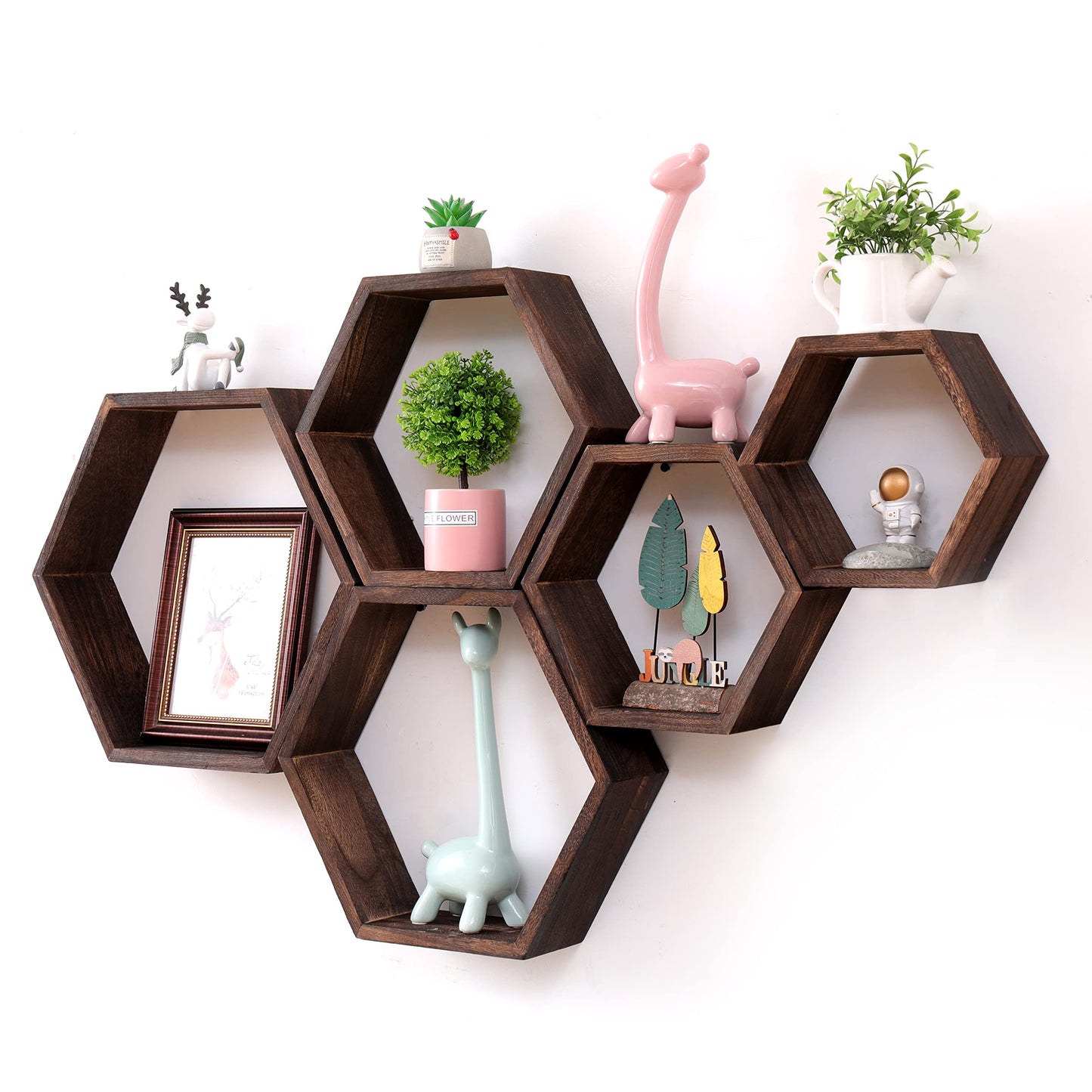 WONFUlity Hexagon Shelves for Wall Mounted, Wood Farmhouse Storage Honeycomb Floating Shelves for Wall Decor,Screws Anchors Included,5pc