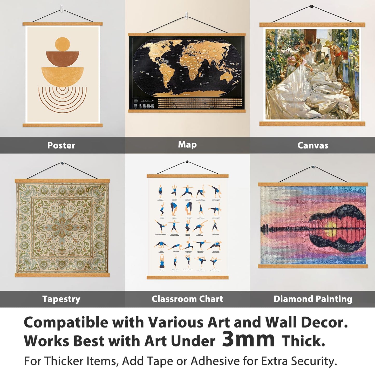 HONKKI Magnetic Poster Hanger Frame, 12 Inch, Teak Wood, Fits 12x16 12x18 12x24 Prints, N52 Magnets, Clean Wall Display for Posters, Maps, Canvas & Diamond Art