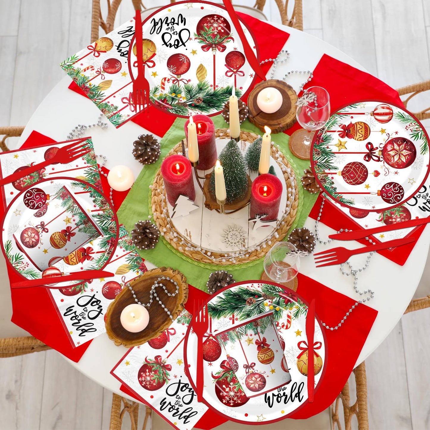Joy To The World Christmas Tableware, 144Pcs Joy To The World Christmas Decorations includes Xmas Plates and Ball Napkins, Happy Holiday Plates and Napkins for Xmas Holiday Party