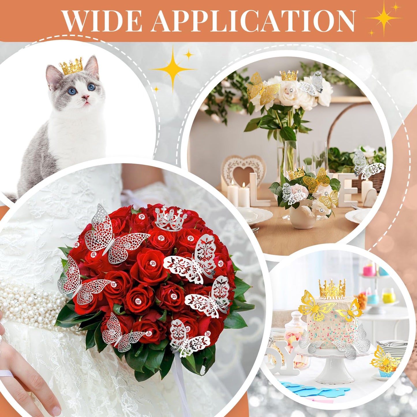 200 Pcs Flower Bouquet Accessories 100 Corsage Bouquet Pins 96 3D Butterfly Wall Decor Bulk and 4 Crown Cake Topper Pearl Pins Floral Arrangement for Festival Wedding Birthday Party (Gold, Silver)