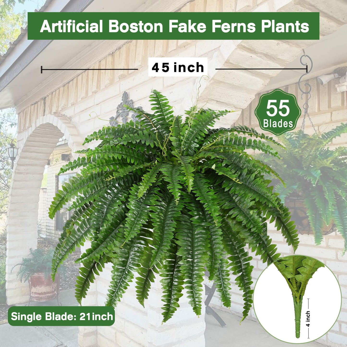 Dkaltm Artificial Boston Fern Bush- Set of 2 Large Artificial Ferns for Outdoors, 45Inch Large Faux Ferns, Suitable for Office & Living Room Decor, 55Branches for Each Bouquet