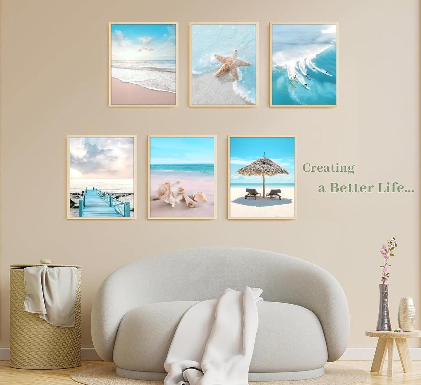 6Pcs Blue Coastal Wall Art,Beach Poster Prints,Summer Ocean Surf Pictures,Seaside Nature Scenery Wall Decor for Living Room Bedroom 8x10-inch UNFRAMED