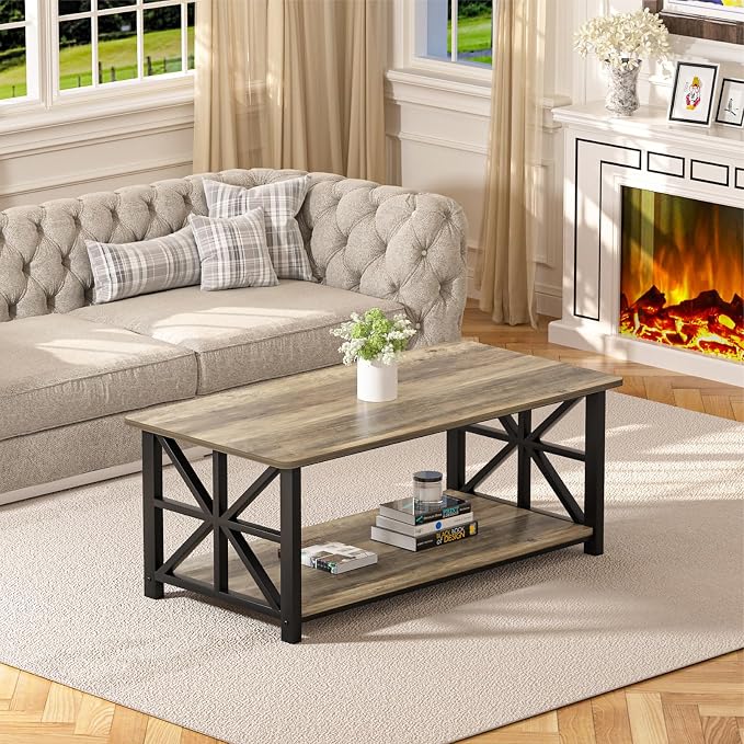 GreenForest Coffee Table for Living Room with Round Corners Farmhouse Style Center Table with Storage Shelf 39 Inch Space Saving Easy Assembly Gray Wash | for Living Room