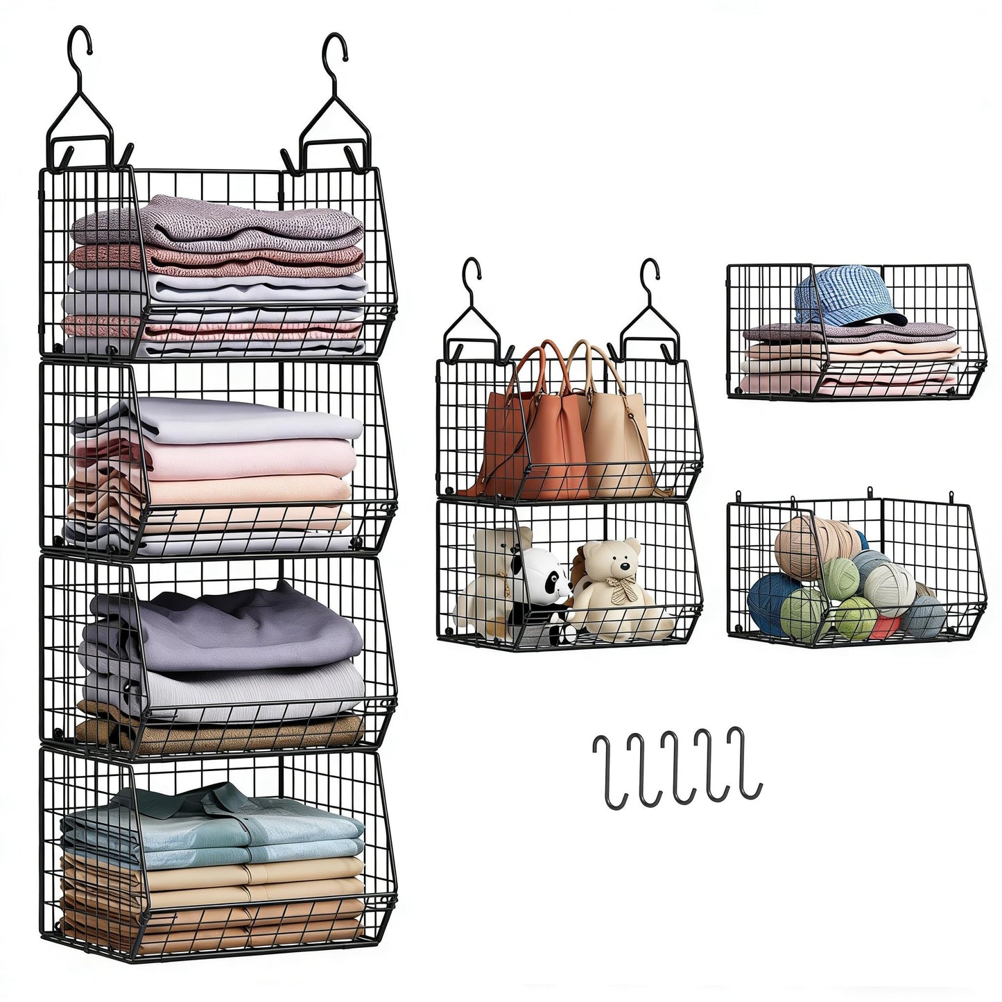 4 Tier Closet Hanging Organizer, Closet Organizers and Storage with 5 S Hooks, Closet Hanging Shelves & Freestanding Wire Storage Basket Bins, for Clothing Shoes Handbags Clutches Accessories Patent