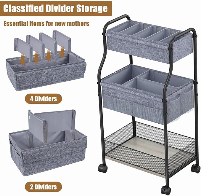 3-Tier Baby Diaper Caddy Organizer and Storage Cart, Mobile Metal Utility Cart with Rolling Wheels for Nursery Essentials with 4+2 Dividers, Large Capacity Rolling Cart For Bedroom, Bathroom, Nursery