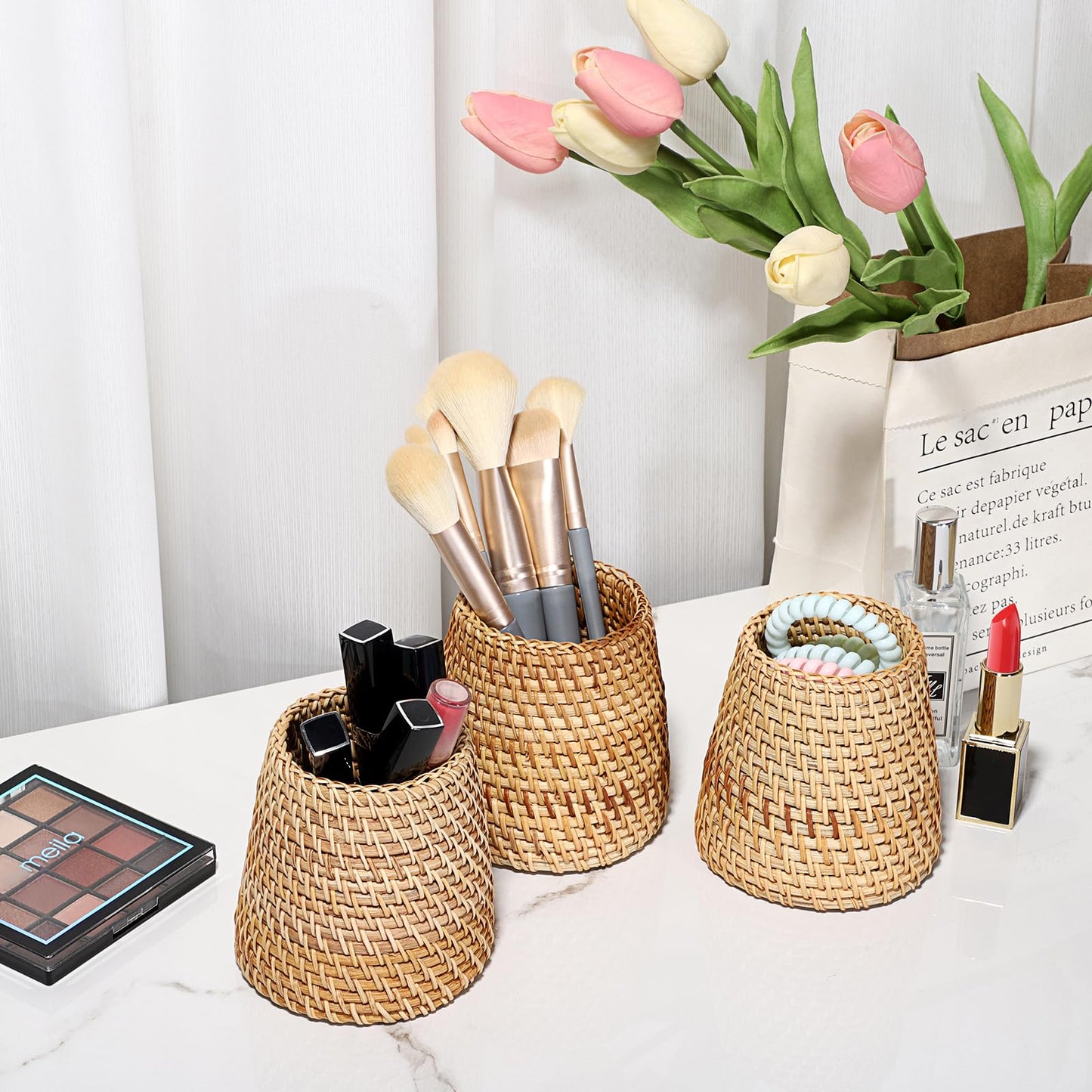 BTSKY 3 Pack Rattan Pen Cup, Handmade Desk Pencil Holders Makeup Brush Holder Multi-Functional Woven Basket Office&Home Desktop Organizer (Cone)