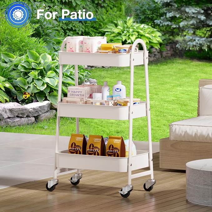 OLIXIS Metal 3 Tiers Utility Rolling Cart, Mobile Storage Shelf with Lockable Caster Wheels, Organization for Livingroom, Bathroom & Narrow Places, White