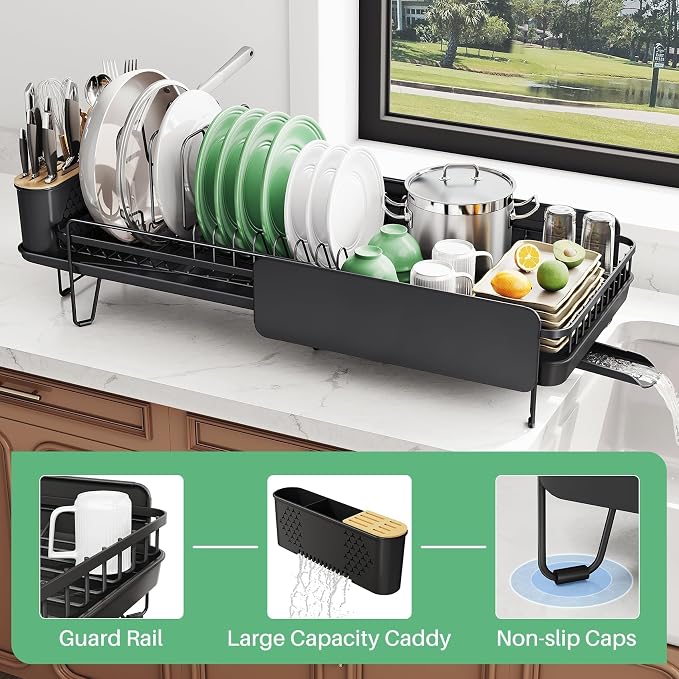 SNTD Large Dish Drying Rack - Expandable (19.3" to 29.4") Dish Rack for Kitchen Counter, Stainless Steel Dish Drainer with Utensil Holder, Pan Holder & Pot Lid Holder (Black)