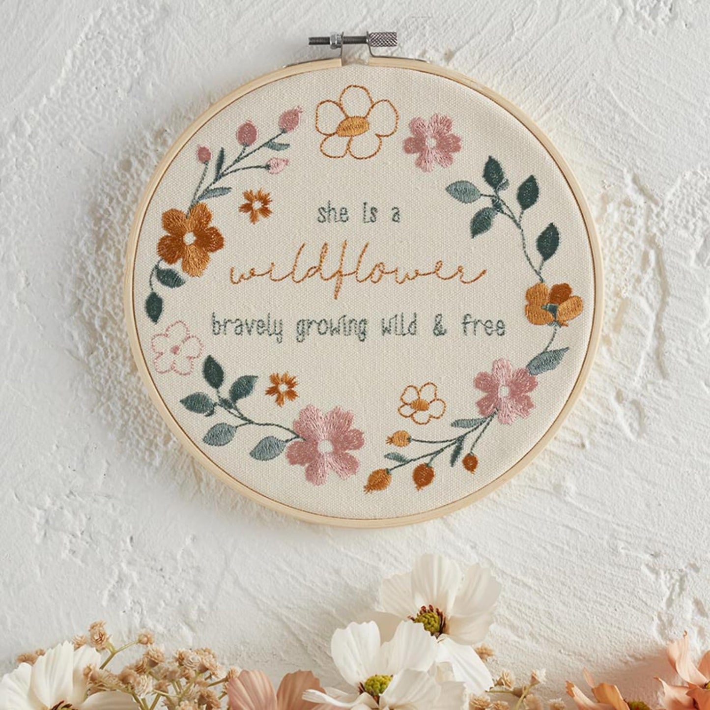 Faithworks Embroidered Wall Art - Wooden Hoop Boho Farmhouse Wall Décor, 8" x 8", Wild & Free