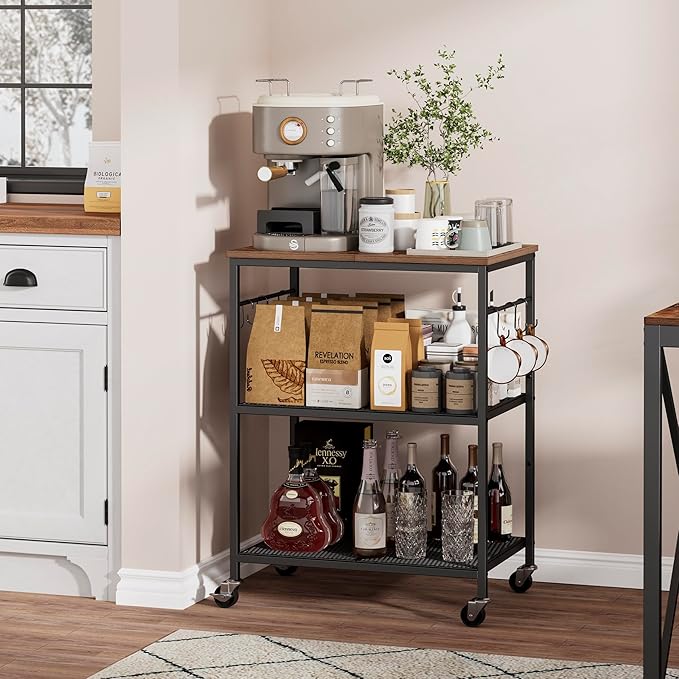 Homleke 3-Tier Rolling Kitchen Microwave Cart, Kitchen Utility Cart on Lockable Wheels, Coffee Bar Table Station with 6 S-Shaped Hooks, Small Appliance Storage Shelf, Rustic Brown and Black