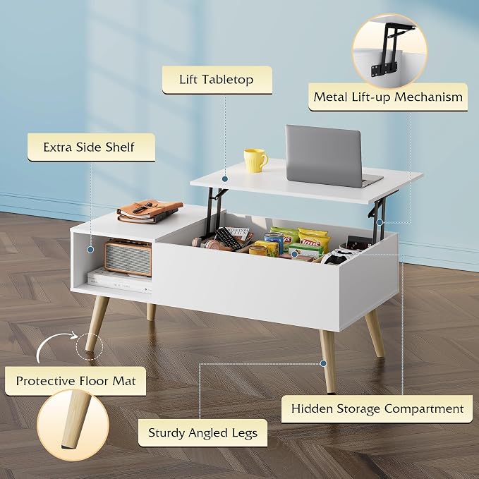 WLIVE Coffee Table for Living Room, Lift Top Coffee Table with Storage, Small Rising Wooden Dining Center Table with Storage Shelf & Hidden Compartment, 39" White