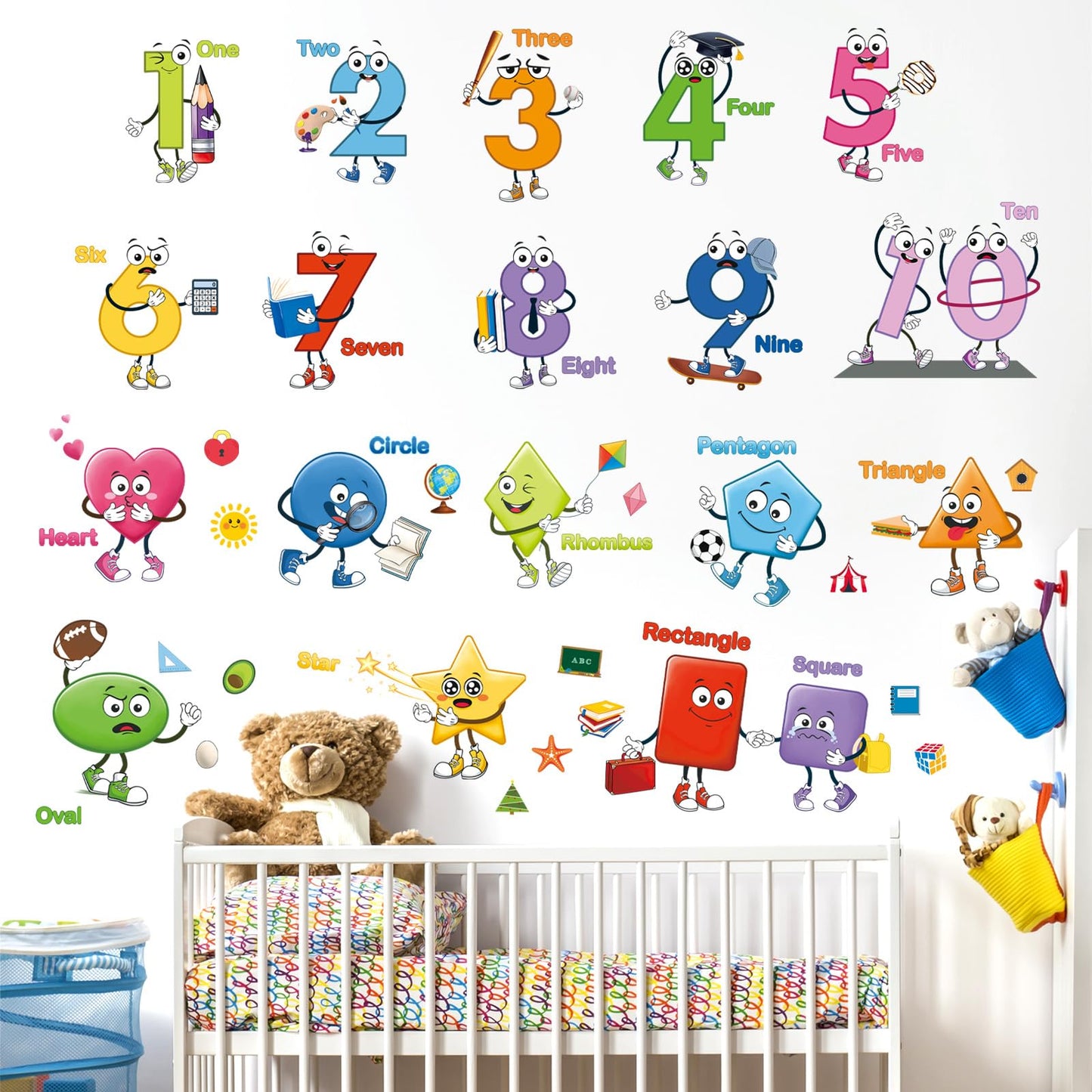 decalmile Colorful Shapes Numbers Wall Decals Educational Learning Geometry Wall Stickers Kids Toddler Room Preschool Classroom Daycare Wall Decor