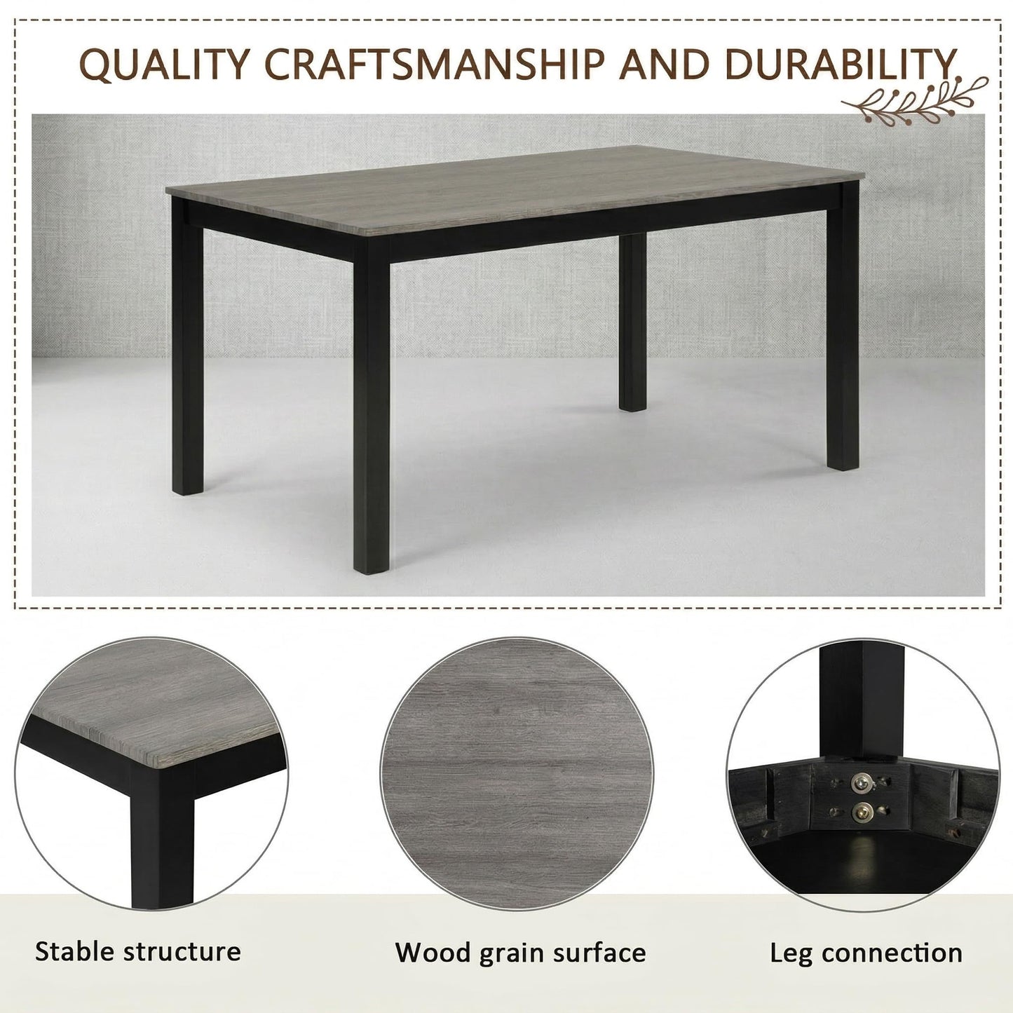 Casaphoria 6-Piece Dining Table Set with Bench and 4 Upholstered Chairs, Modern Wood Kitchen Table Set for 6, Rectangular Furniture for Dining Room, Home Gatherings, Light Grey & Black