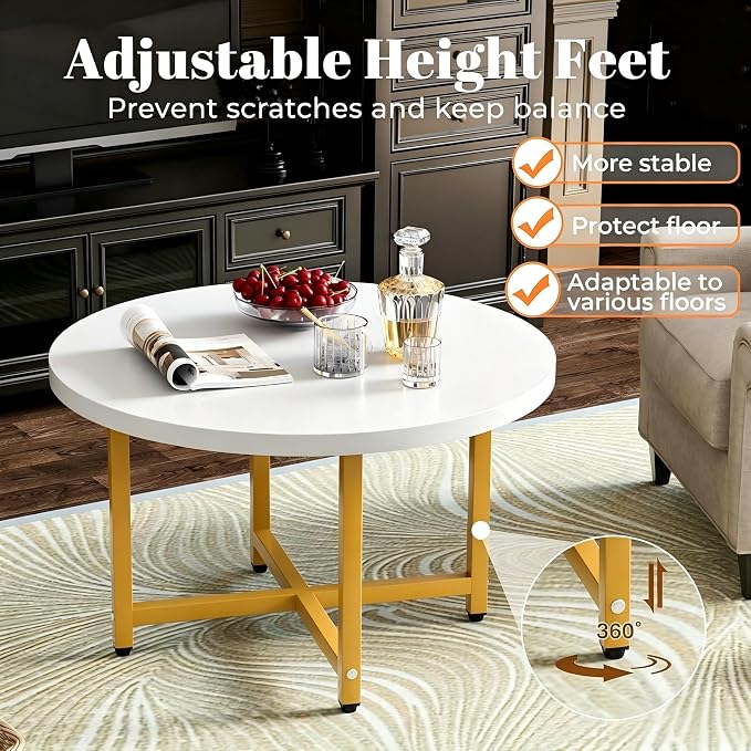 FAMIDGE Round Coffee Table, Small Coffee Tables for Living Room, Wood Coffee Table with Metal Frame, Floor Table Desk for Sitting on The Floor, Home, Office, Farmhouse, White & Gold (23.6"D x 17.7"H)