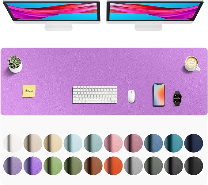 Aothia Faux Leather Desk Mat - Non-Slip PU Leather Desk Blotter, Waterproof Writing Surface, Large Desk Pad for Office & Home (Iris Violet, 55" x 17")