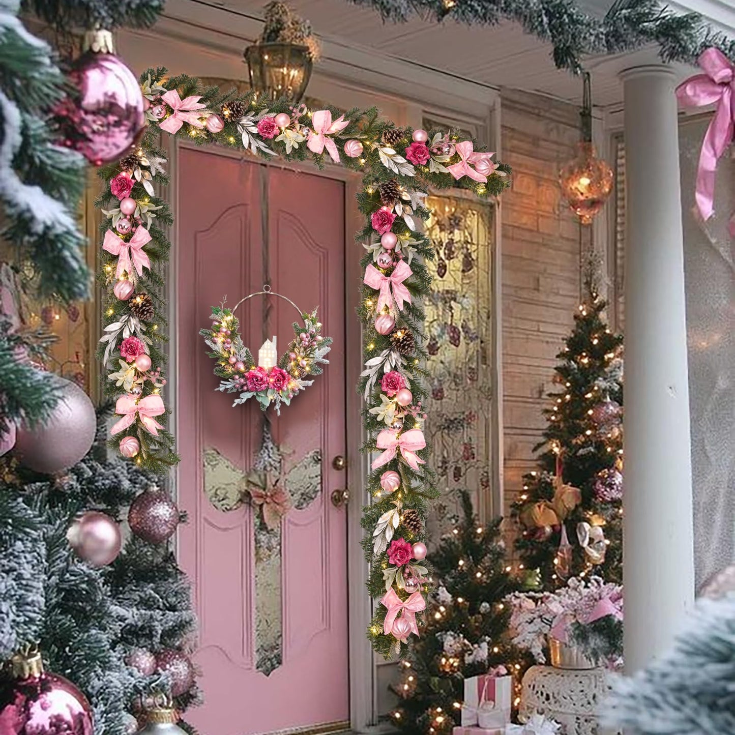 6 feet Christmas Pink Garland for Front Door with 30 LED Lights,Festive Lighted Holiday Decor,prelit Mantel Garland withTimer,Stair and Fireplace Pink Rose Decoration for Christmas and Wedding