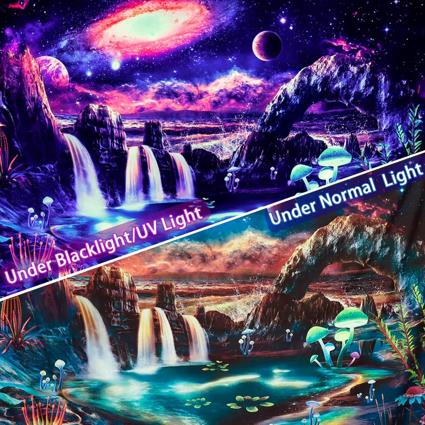 Lahasbja Blacklight Galaxy Planet Tapestry UV Reactive Waterfall Landscape Tapestry Mountain Wave Wall Tapestries Neon Nebula Plants Wall Hanging for Room