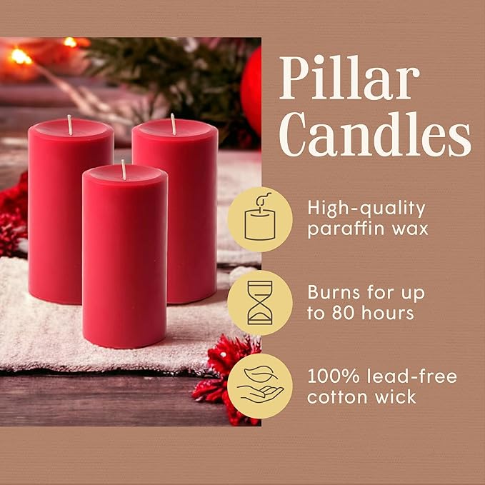 Mister Candle Dripless Unscented Pillar Candles, Set of 3 Hand Poured Red Pillar Candles, Solid Color Non-Scented Candles for Home Decor, Premium Wax, 80 Hr Burn Time, 3x6 Inch
