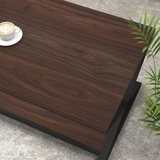 HSH Walnut 2 Tier Storage Coffee Table, Modern Rectangle Center Table for Living Room, Industrial Minimalist Wooden Metal Cocktail Tea Table, Home Office Rustic Simple Display Coffee Table, 39 Inch
