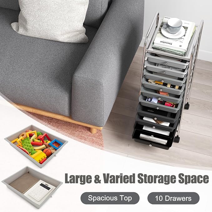 MEDIMALL 10 Drawers Rolling Storage Cart, Multipurpose Craft Storage Cart with Wheels, Mobile Tools Scrapbook Paper Organizer Cart for Office School Home Use