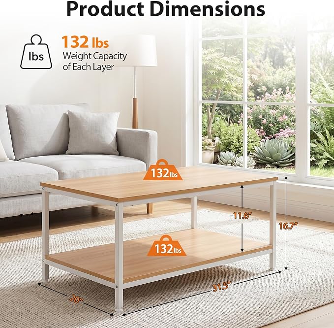 SUPER DEAL 2-Tier Industrial Coffee Table with Storage Shelf for Small Apartment Living Room, Rectangle Wood and Stable Metal TV Stand Side End Table, Natural Wood