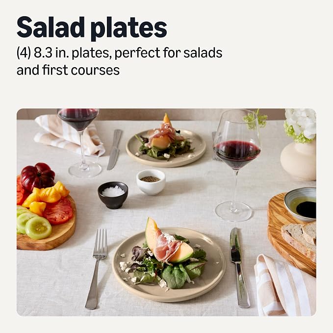 Amazon Basics Glazed Stoneware Salad Plates, Ceramic 4-Piece Set, Microwave, Freezer and Dishwasher-Safe, Stain-Resistant, 8.3 in., Linen Gray