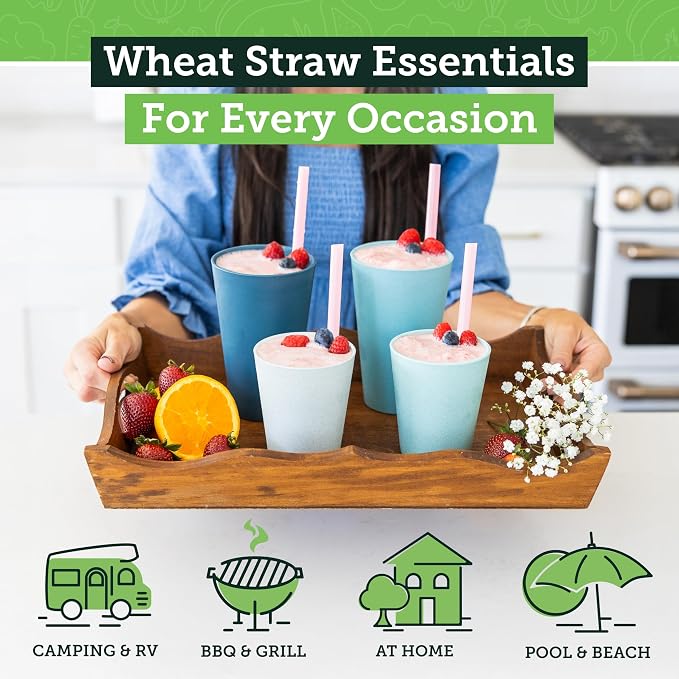 Grow Forward Premium Wheat Straw Cups - 13 & 20 oz Unbreakable BPA Free Hard Plastic Cups - Reusable Lightweight Plastic Drinking Glasses for Kitchen, Outdoor, Water, Camping, RV - Seascape