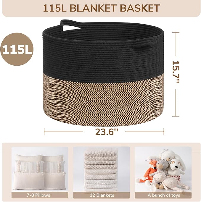 INDRESSME 115L Extra Large Storage Baskets for Organizing, Blanket Basket Living Room Dog Toy Bin, Wicker Storage Woven Laundry Basket for Pillows, Towel Shoes Entryway, Mix Black