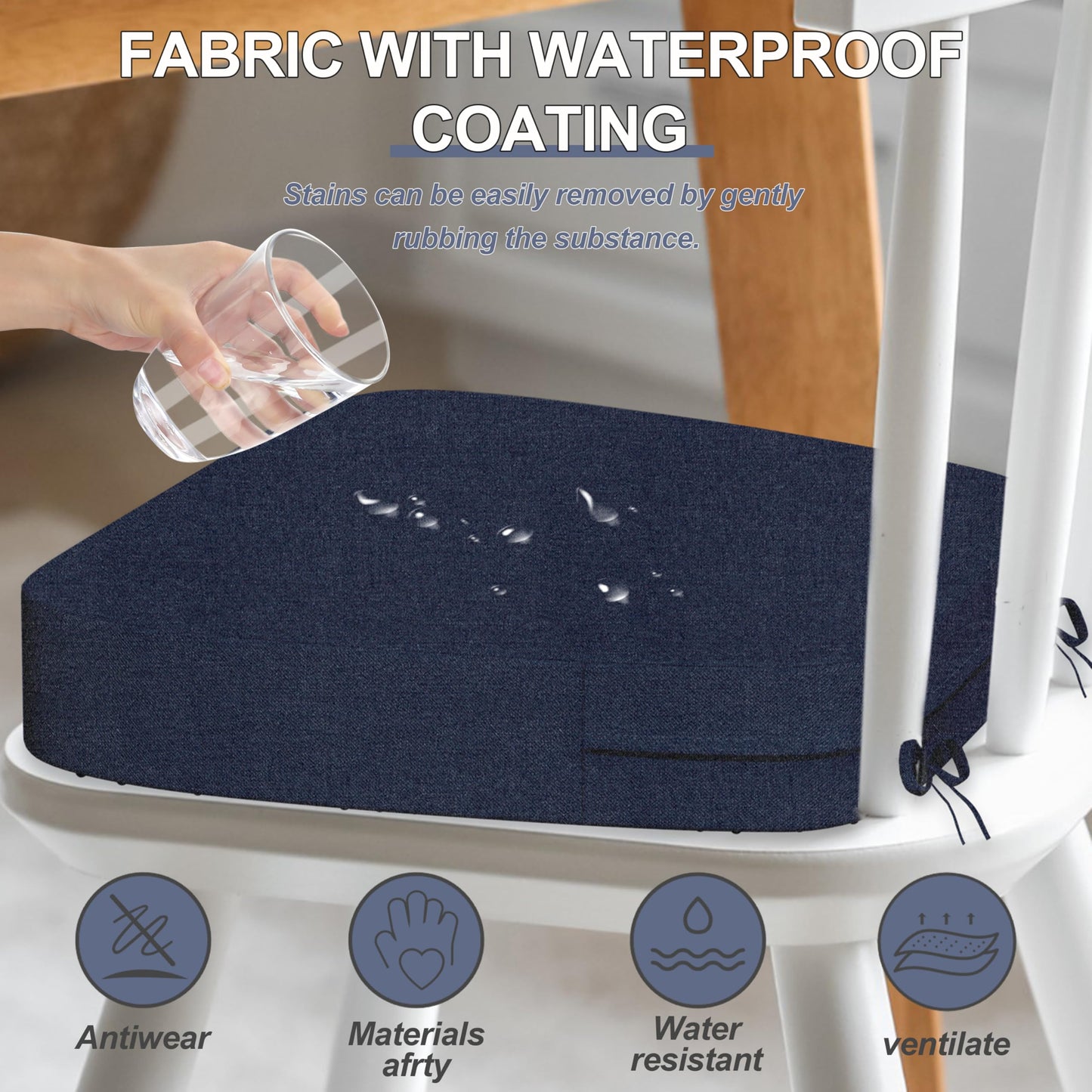 Iristykilin 17'' x 16'' x 2.5"Thick Chair Cushions for Dining Chairs, 4 Pack WaterProof Easy Clean Kitchen Chair Pads with Ties and Non-Slip Backing - 30D High Elastic Foam Soft Kitchen Chair Cushions