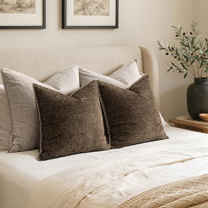 MIULEE Pack of 2 Euro Sham Pillow Covers 24x24 Inch Brown Farmhouse Decorative Throw Pillow Covers with Stitched Edge Soft Chenille Solid Dyed Pillow Covers for Bed Sofa Couch Living Room