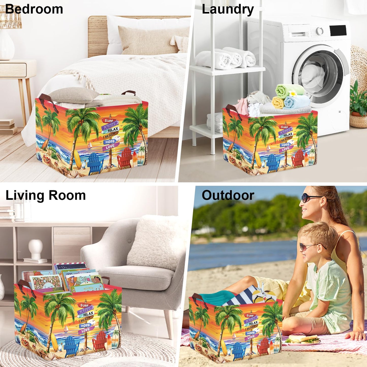 Clastyle Summer Beach Towel Storage Basket Palm Tree Lounger Kid Gift Toy Box Baby Laundry Hamper Collapsible Large Clothes Organizer Nursery Bin for Outdoor, Seashores, 40 * 30 * 30 cm