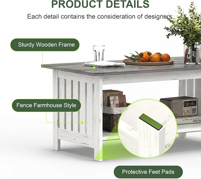 YOSHOOT 39.4" Farmhouse Coffee Table, Small Coffee Tables for Living Room | Grey, 2 Tier Coffee Table with Storage, Tea Table for Living Room Bedroom Small Space