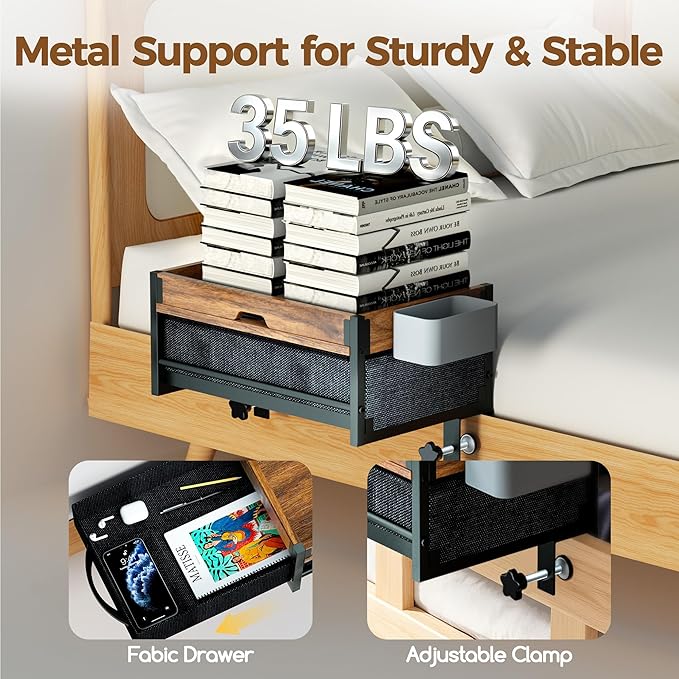Bedside Shelf for Dorm Room, 2 Tier Clip On Bed Side Table Loft Shelf for Bunk Bed, Bedside Tray with Cable Management, Under Mattress Bedside Shelf, Back to School