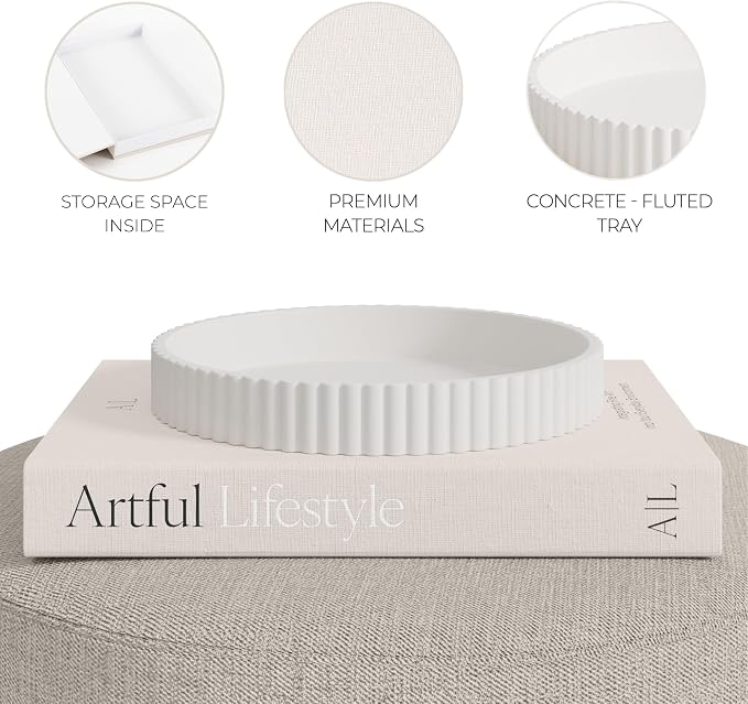 Decorative Concrete Tray & Book Decor Set - Scalloped Tray & Linen Box Enhance Your Coffee Table or Bookshelf Decor - Stylish Home Decoration for Your Living or Dining Room & as a Housewarming Gift