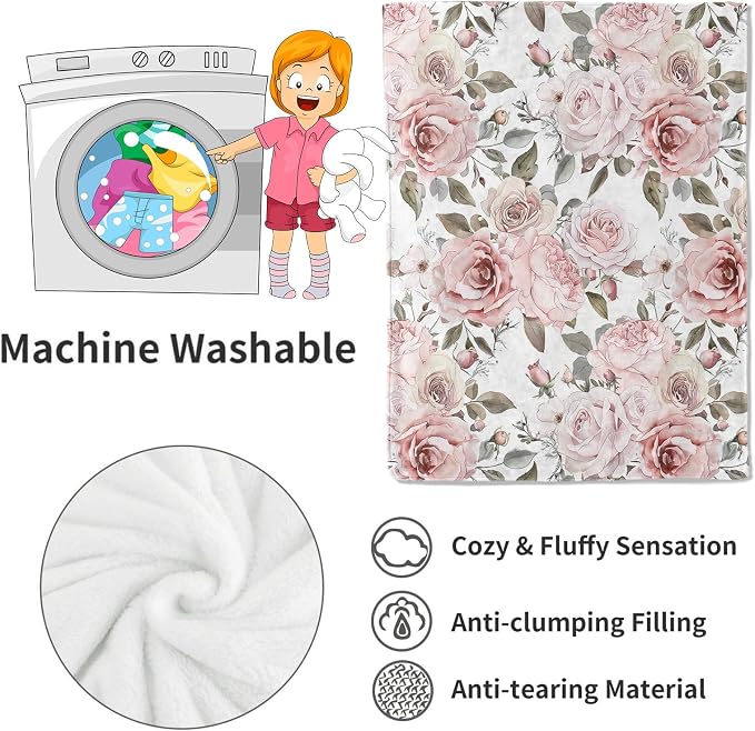 Floral Blanket,Vintage Pink Rose Throw Blankets,Birthday Gifts for Women & Flower Lovers,Lightweight Soft Fleece,for Picnic Sofa Couch Bed Room Travel,Modern Romantic Decor,50x60in