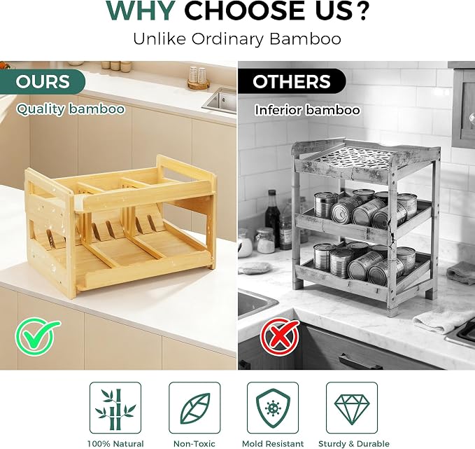 MinBoo Adjustable Can Organizer Rack, Two Tier Bamboo Stackable FIFO Cans Dispenser, Modern Style, Countertop, Assembly Required, Anti Shedding