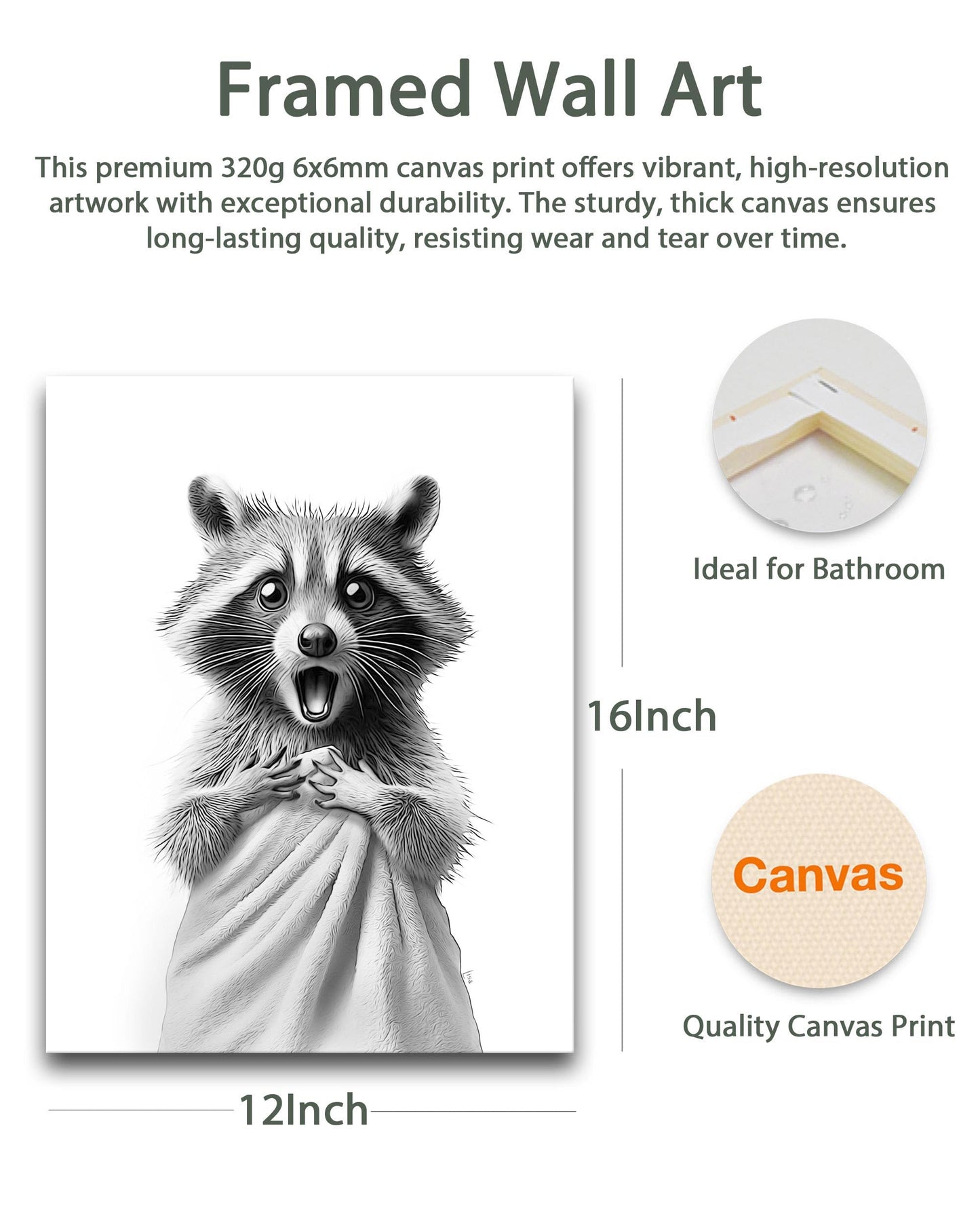 HesenDot Raccoon in Towel Framed Wall Art,12x16in Funny Animal Bathroom Canvas Print, Black and White Raccoon Poster,Cute Racoon Picture Wall Decor for Bathroom Kid Room Bedroom Nursery Home, 1 Pack