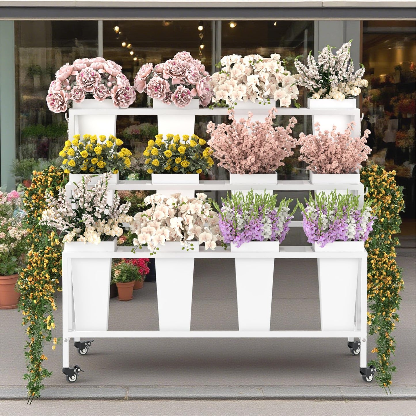 Annzoe Flower Display Stand with 12 Buckets & Wheels – 3-Tier Mobile Flower Cart, White Metal Flower Bar for Weddings, Florist Shops, Patio, Garden & Home
