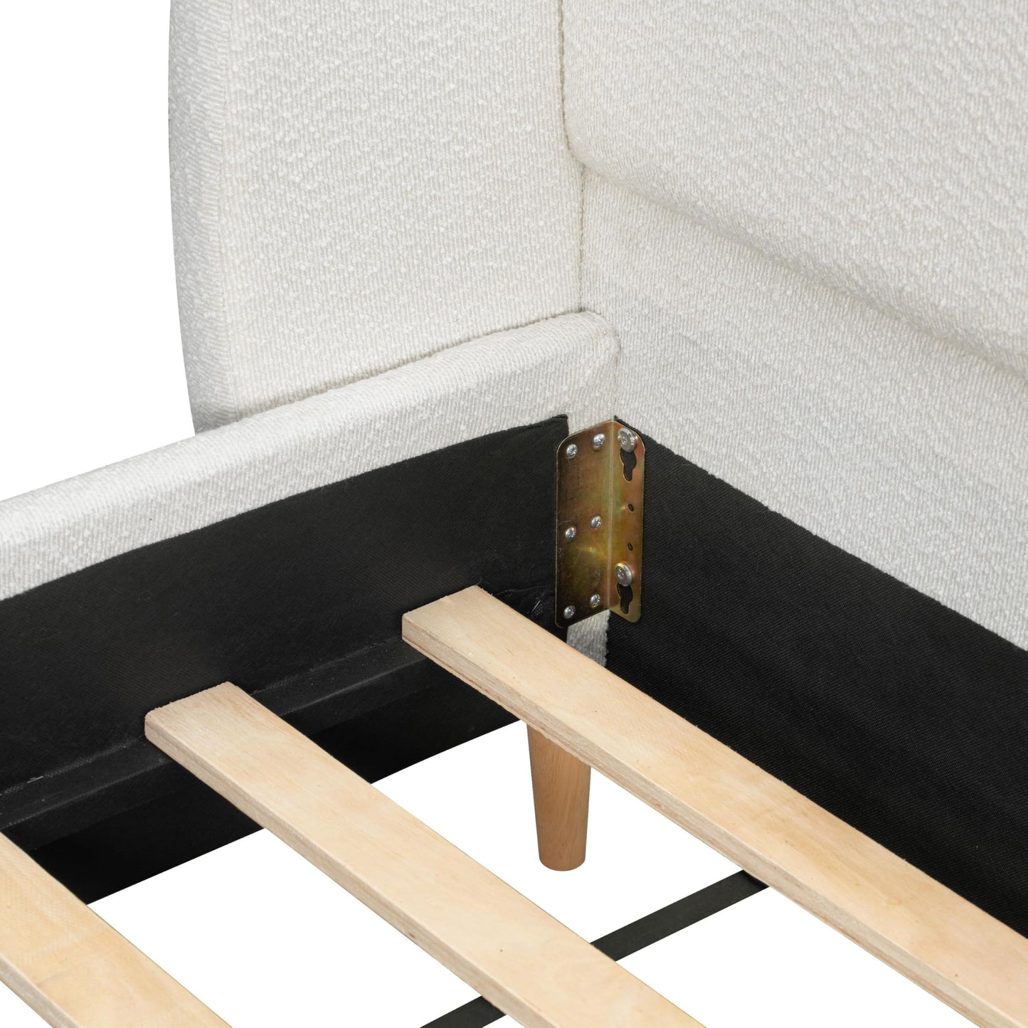 Queen Size Bouclé Upholstered Platform Bed Frame with Wingback Headboard, Rounded Corners, Modern Fabric Bed with Wood Slats Support, No Box Spring Needed, White