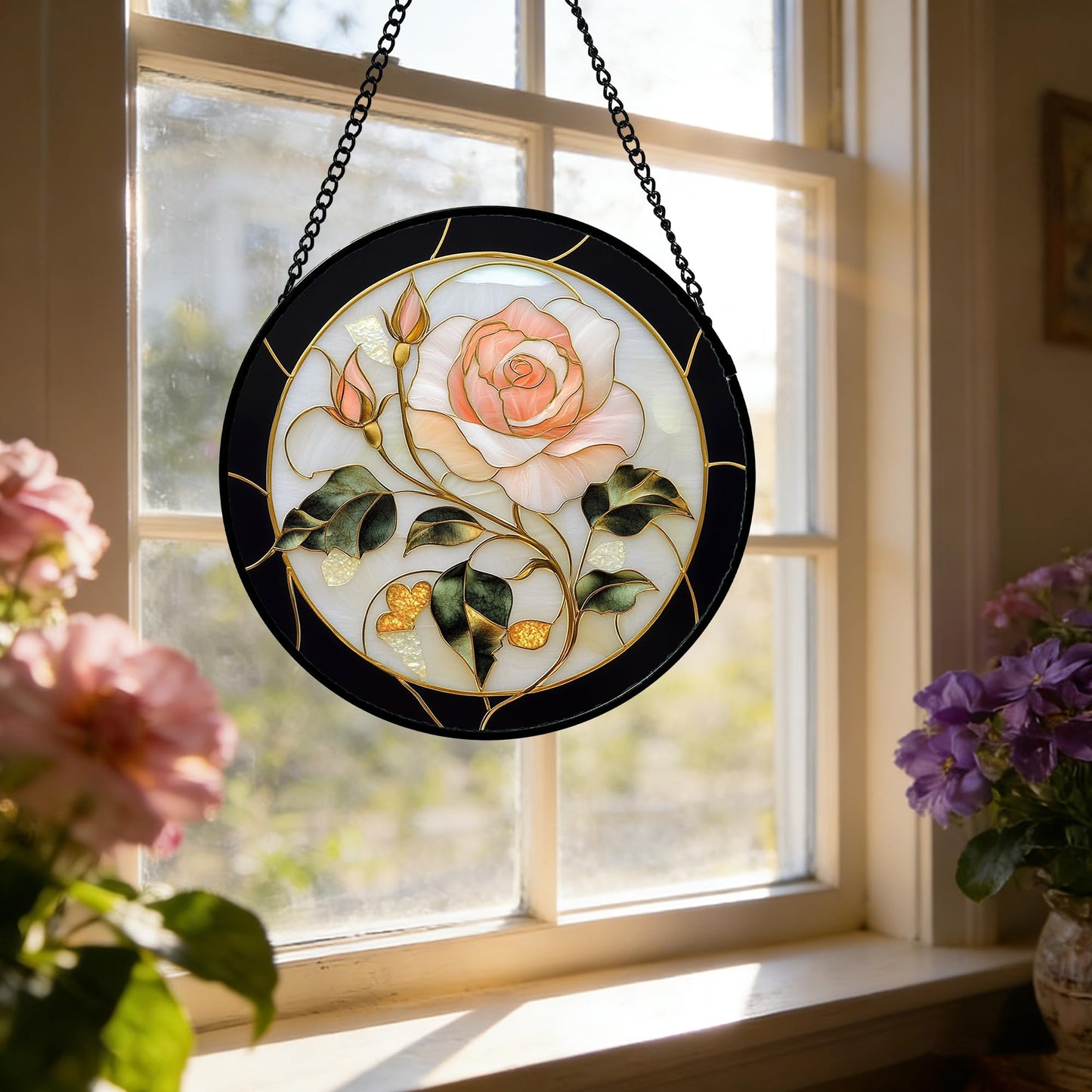 AMDERVEN Stained Glass Window Hanging - Black White Pink Rose Sun Catcher for Door Home Decor Flower Suncatcher Christmas Mother's Day Birthday Gifts for Women Men Lovers Mom Nana 15 in