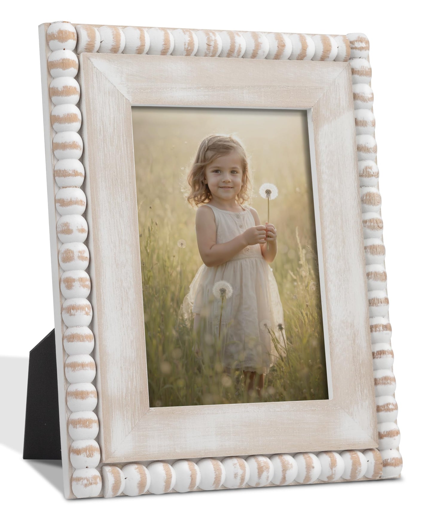 Afuly 5x7 Farmhouse Picture Frame Boho White Beads Photo Frame Wooden Distressed Wall Hanging Desk Standing Decor Artwork Personalized Birthday Gifts for Family, Couple, Friends