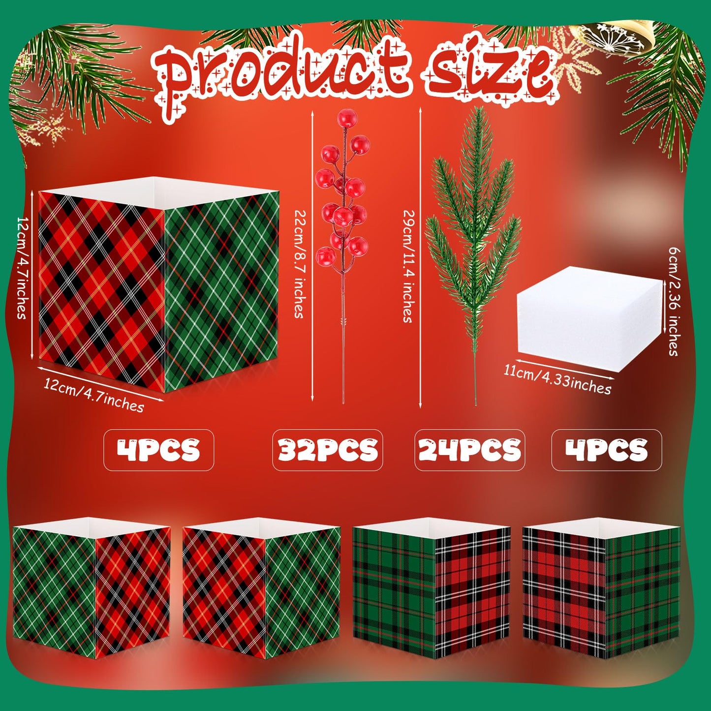 Zeyune 4 Set Christmas Centerpiece for Table Bulk, 4.7 Inch Xmas Centerpiece Decoration Ideal with Artificial Pine Branches and Red Berries Stems for Xmas Party Indoor Home Decor (Christmas Plaid)