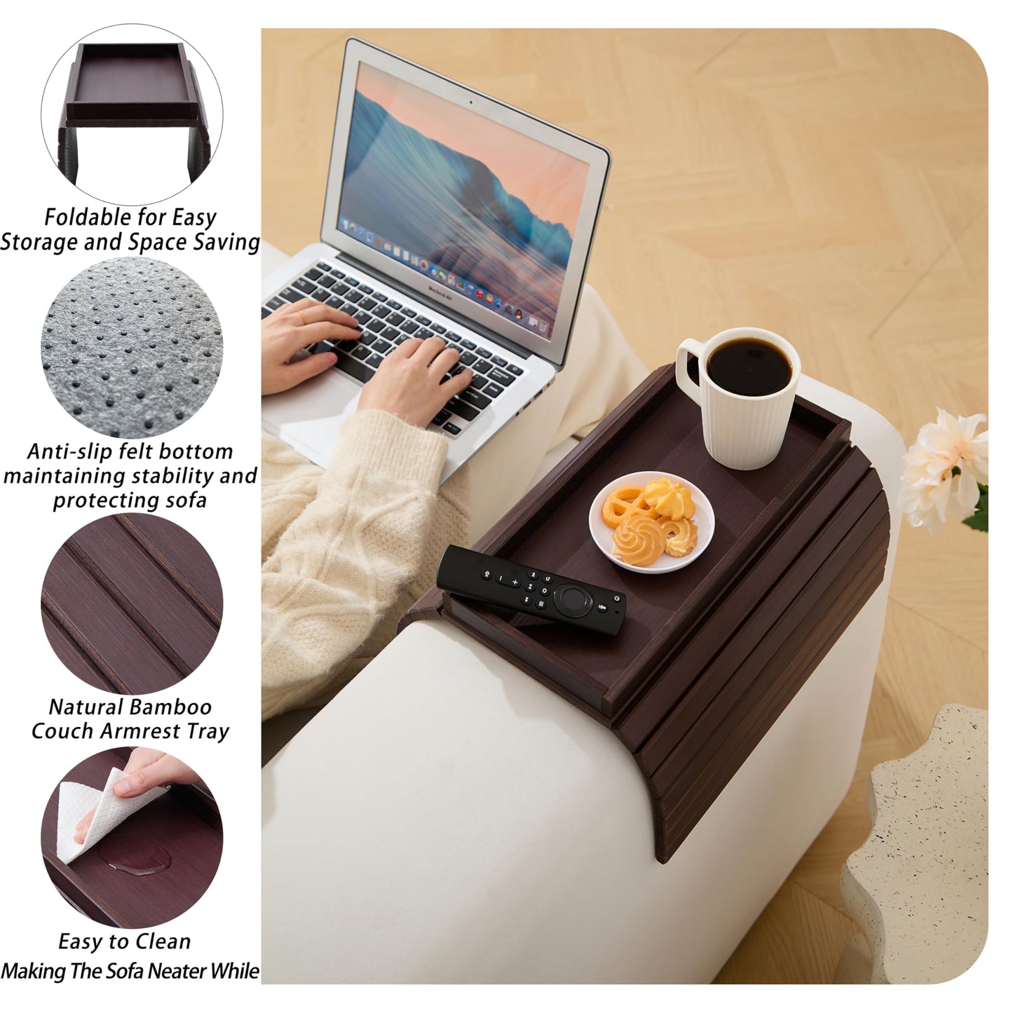 Bamboo Couch Arm Tray Table，Foldable Sofa Armrest Tray Table for Couch，Flexible and Anti-Slip Couch Arm Cup Holder，Portable Sofa Arm Chair Table for Drink,Cups, Eats，Snacks, Phone, Remote