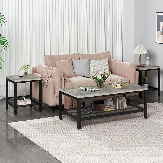 AWQM Coffee Table Set of 3, Industrial Coffee Table with 2 Square End Side Tables, Modern Living Room Table Set with Metal Frame for Apartment Home Office, Grey