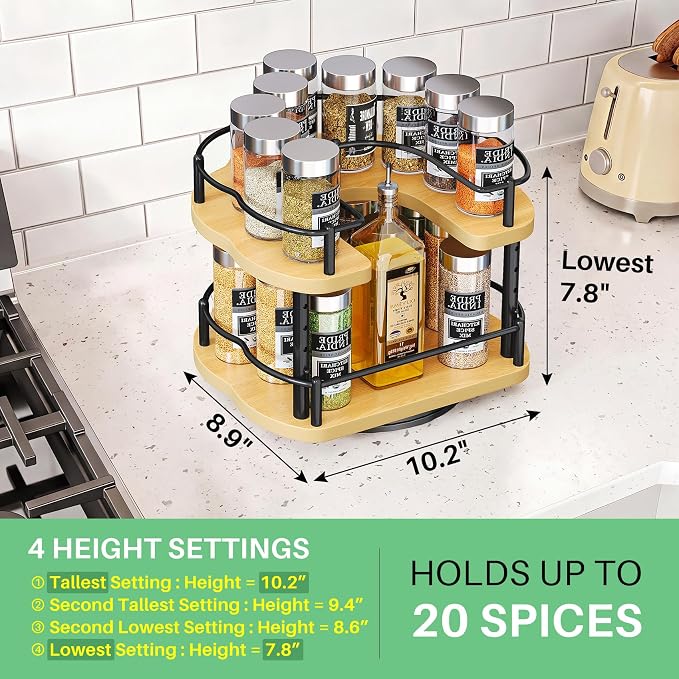 Lazy Susan Organizer Spice Rack - Spice Organization for Cabinet Height Adjustable Rotating Lazy Turntable, Pantry Kitchen Wood Revolving Seasoning Organizer (Natural, 9 Inch)