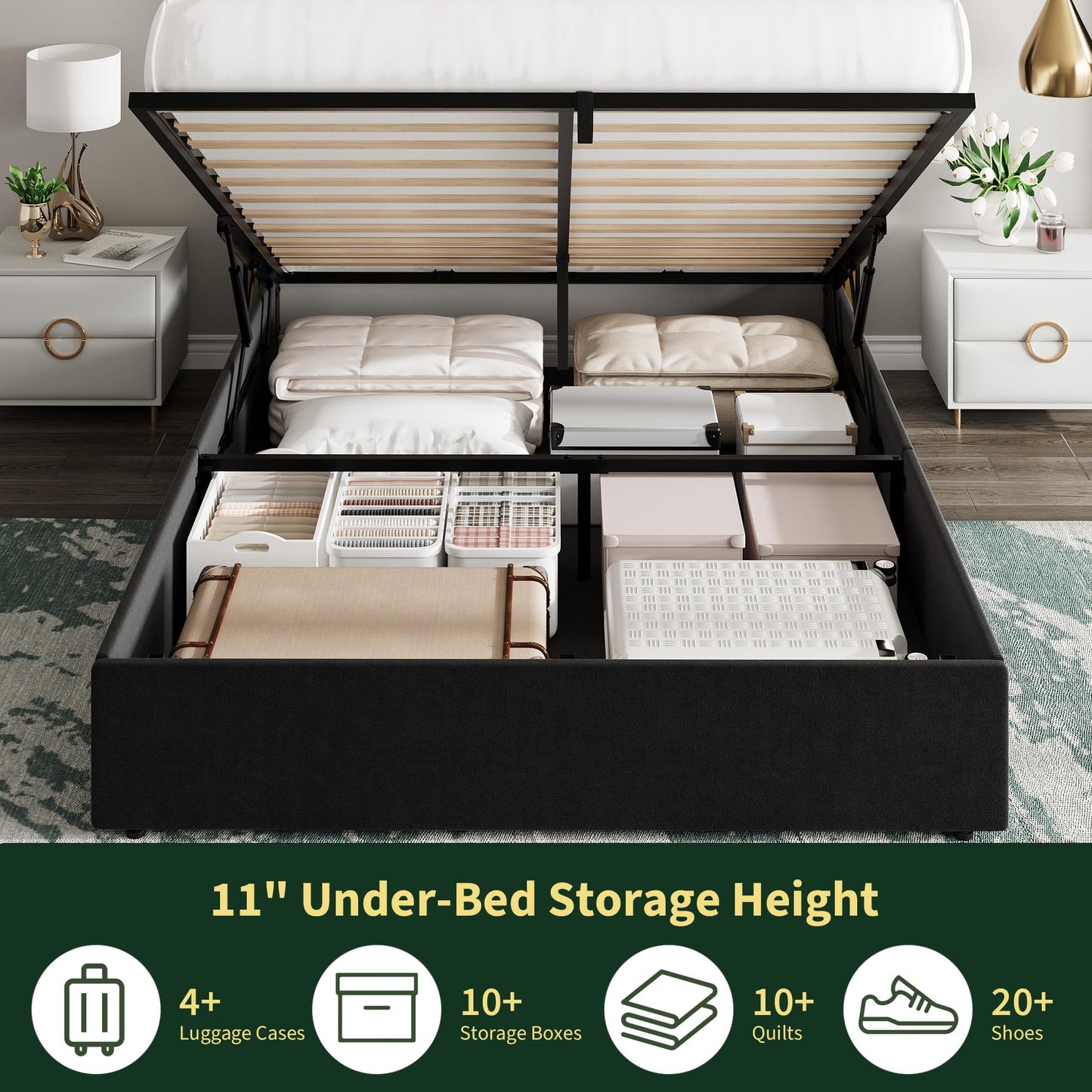 Garvee Queen Size Lift Up Storage Bed Frame with with Gold Wingback Headboard, Velvet Upholstered Bed Frame with Diamond Tufted Design & Gold Trim, Hydraulic Support, No Box Spring Needed, Black