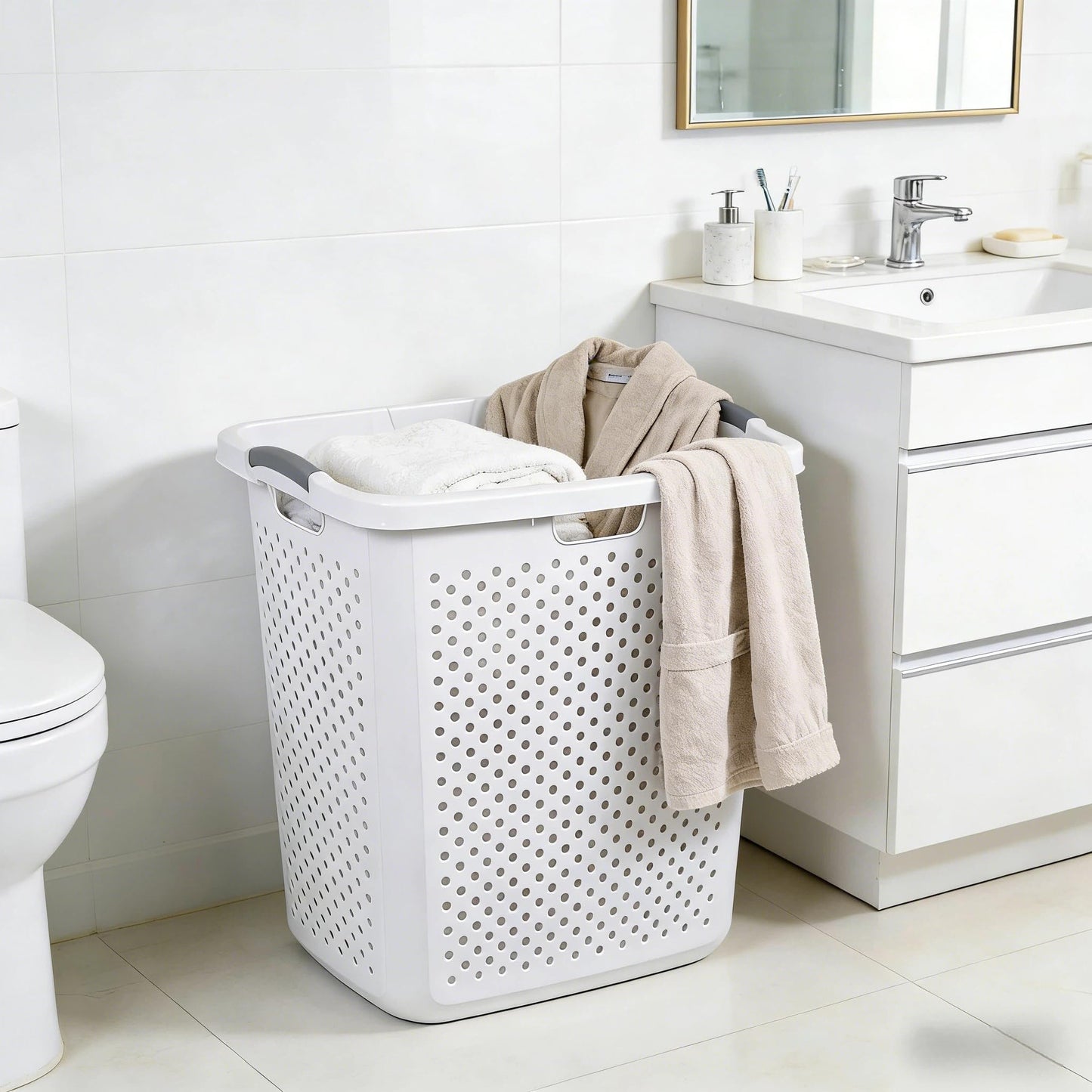 Plastic Laundry Hamper – 2.5 Bushel Large Capacity Basket with Handles, Sturdy White Clothes Hamper for Bedroom, Bathroom & Dorm